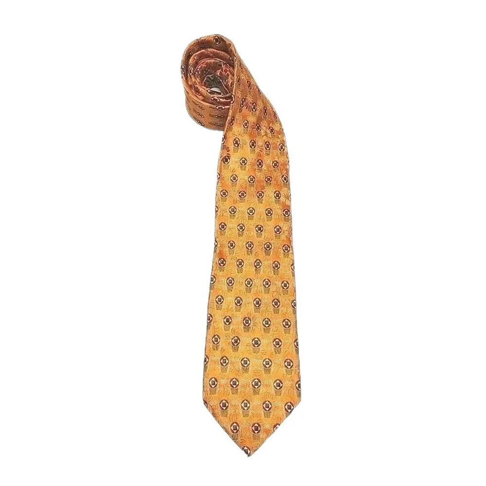Ermenegildo Zegna Tie Necktie 100% Silk Orange Geometric Print Italy